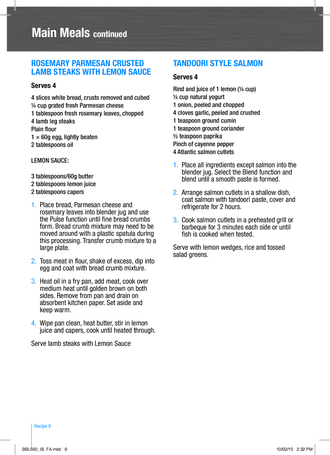 Breville BBL550 manual Tandoori Style Salmon, Serve lamb steaks with Lemon Sauce, Tablespoon fresh rosemary leaves, chopped 