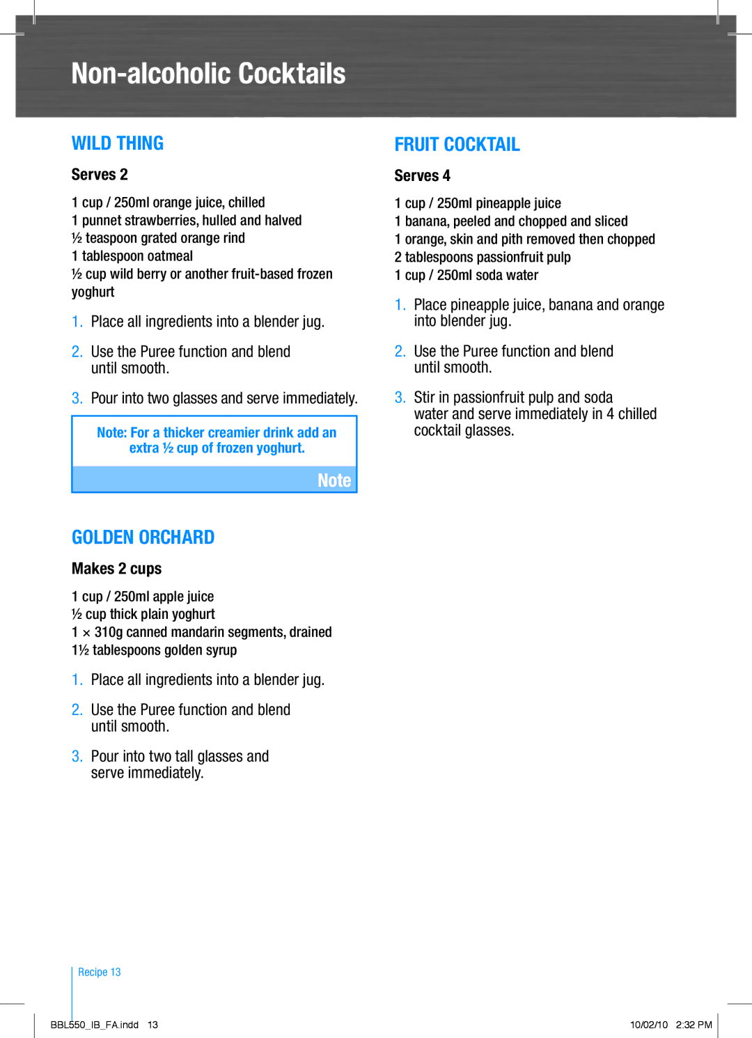 Breville BBL550 manual Wild Thing, Golden Orchard, Fruit Cocktail, Makes 2 cups 