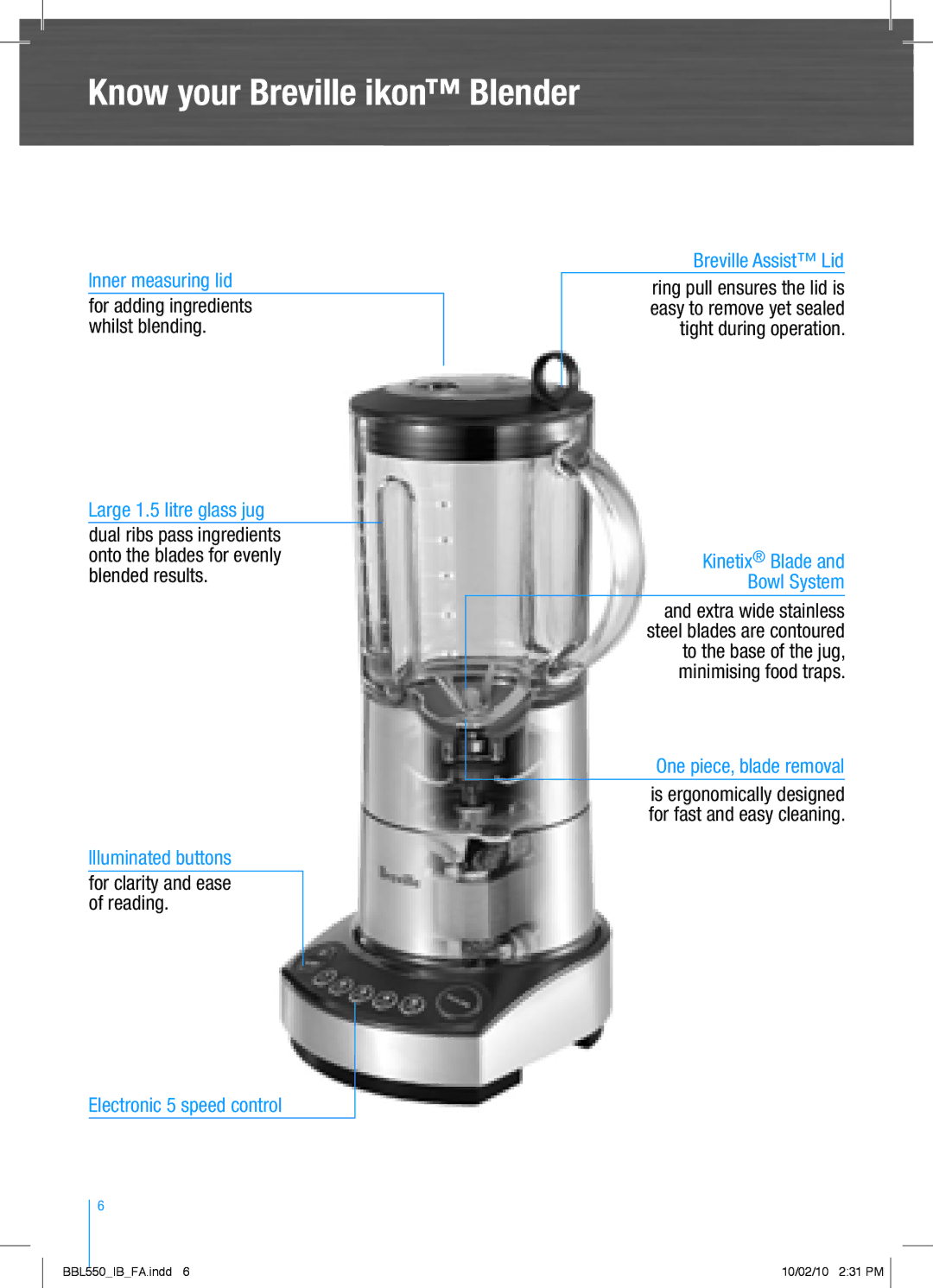 Breville BBL550 manual Know your Breville ikon Blender, For clarity and ease of reading 