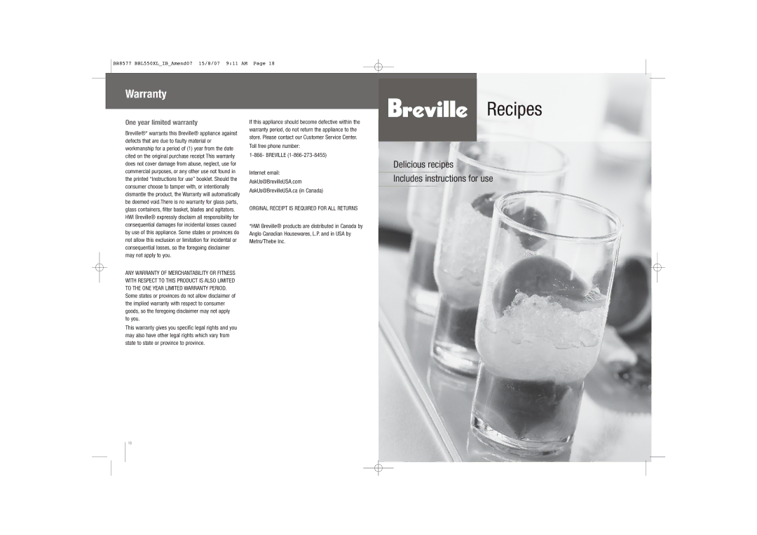 Breville BBL550XL /A manual Warranty, One year limited warranty 