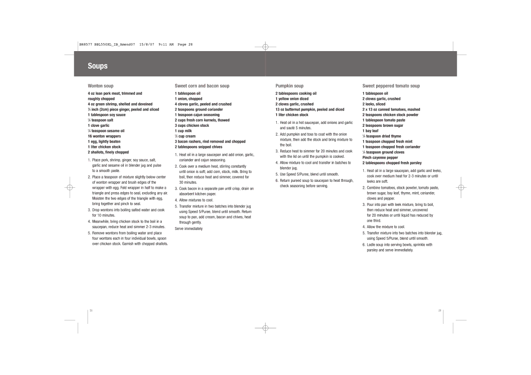 Breville BBL550XL /A manual Soups, Wonton soup, Sweet corn and bacon soup, Pumpkin soup, Sweet peppered tomato soup 