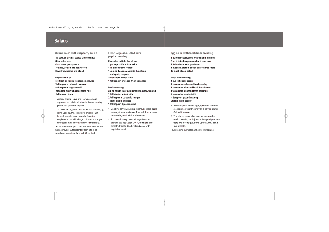 Breville BBL550XL /A manual Salads, Shrimp salad with raspberry sauce, Fresh vegetable salad with pepita dressing 