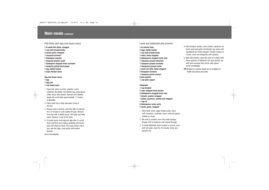Breville BBL550XL /A manual Fish Bites with egg and lemon sauce, Lamb and tabbouleh pita pockets 