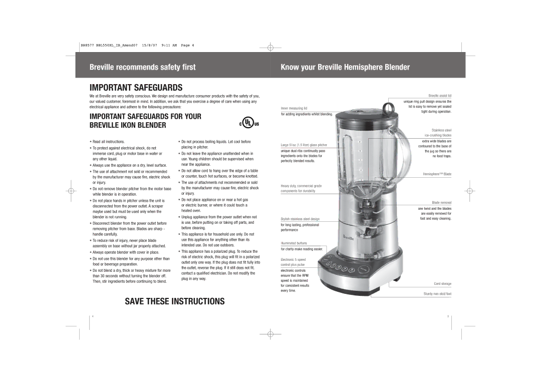 Breville BBL550XL /A manual Breville recommends safety first, Know your Breville Hemisphere Blender 