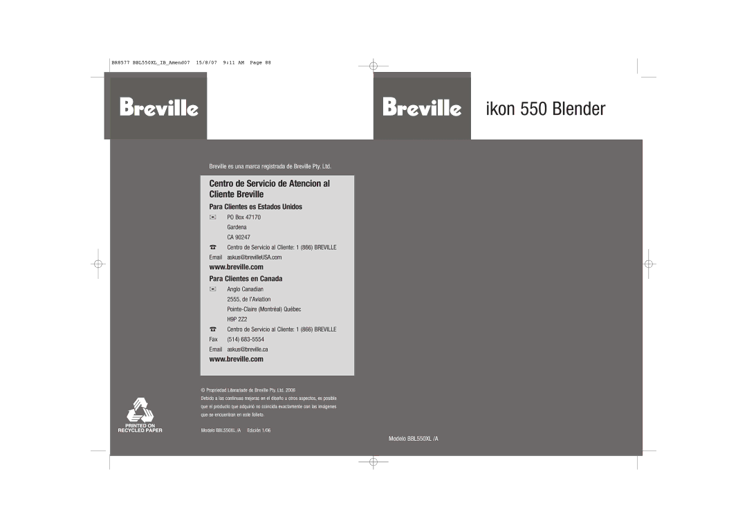 Breville BBL550XL /A manual Ikon 550 Blender 