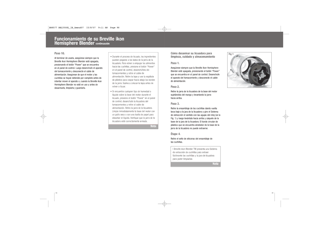 Breville BBL550XL /A manual Retire el sello de siliconas del ensamblaje de las cuchillas 