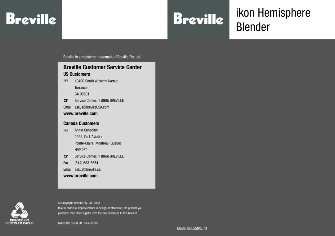 Breville BBL550XL /B manual Ikon Hemisphere Blender 