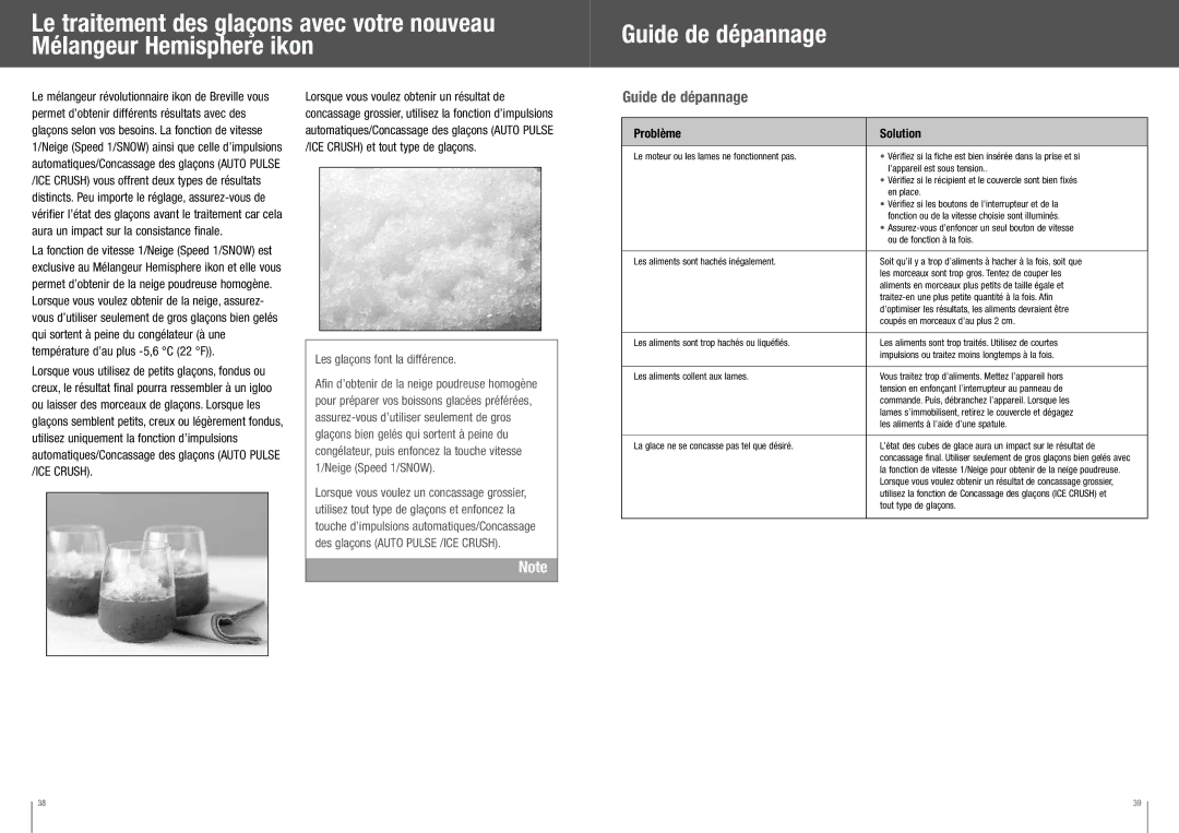 Breville BBL550XL /B manual Guide de dépannage, Les glaçons font la différence 