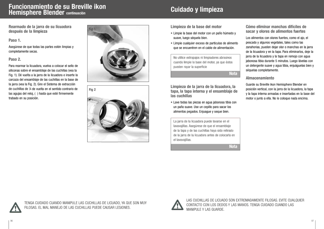 Breville BBL550XL /B manual Cuidado y limpieza, Limpieza de la base del motor, Almacenamiento, Completamente secas 