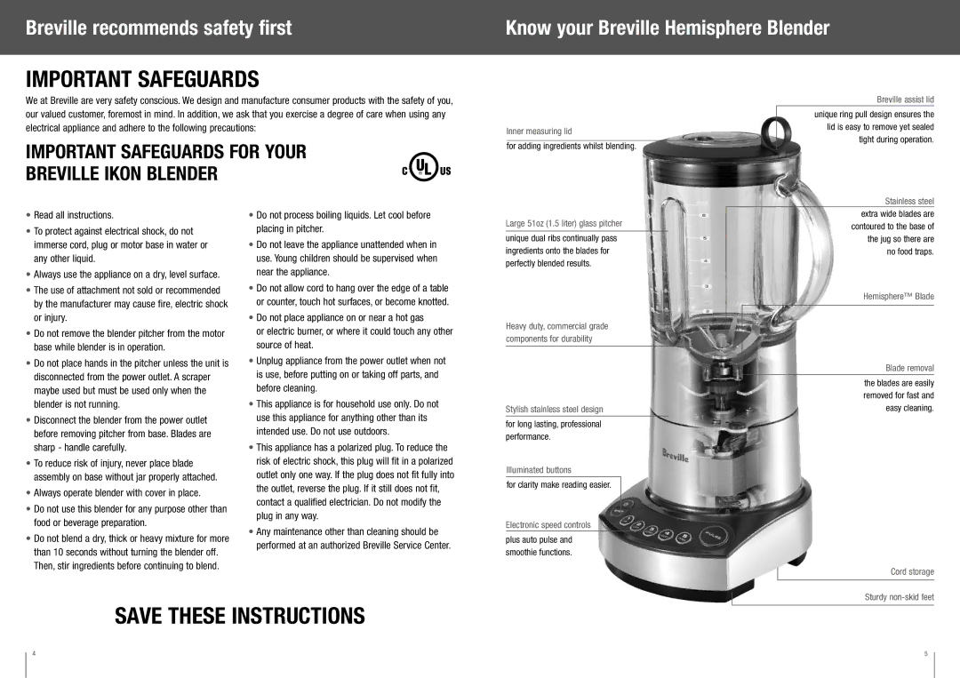 Breville BBL550XL /B manual Breville recommends safety first, Know your Breville Hemisphere Blender 