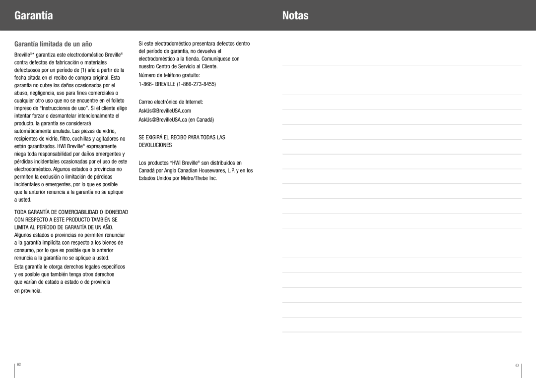 Breville BBL550XL /B manual Garantía Notas, Garantía limitada de un año, En provincia 