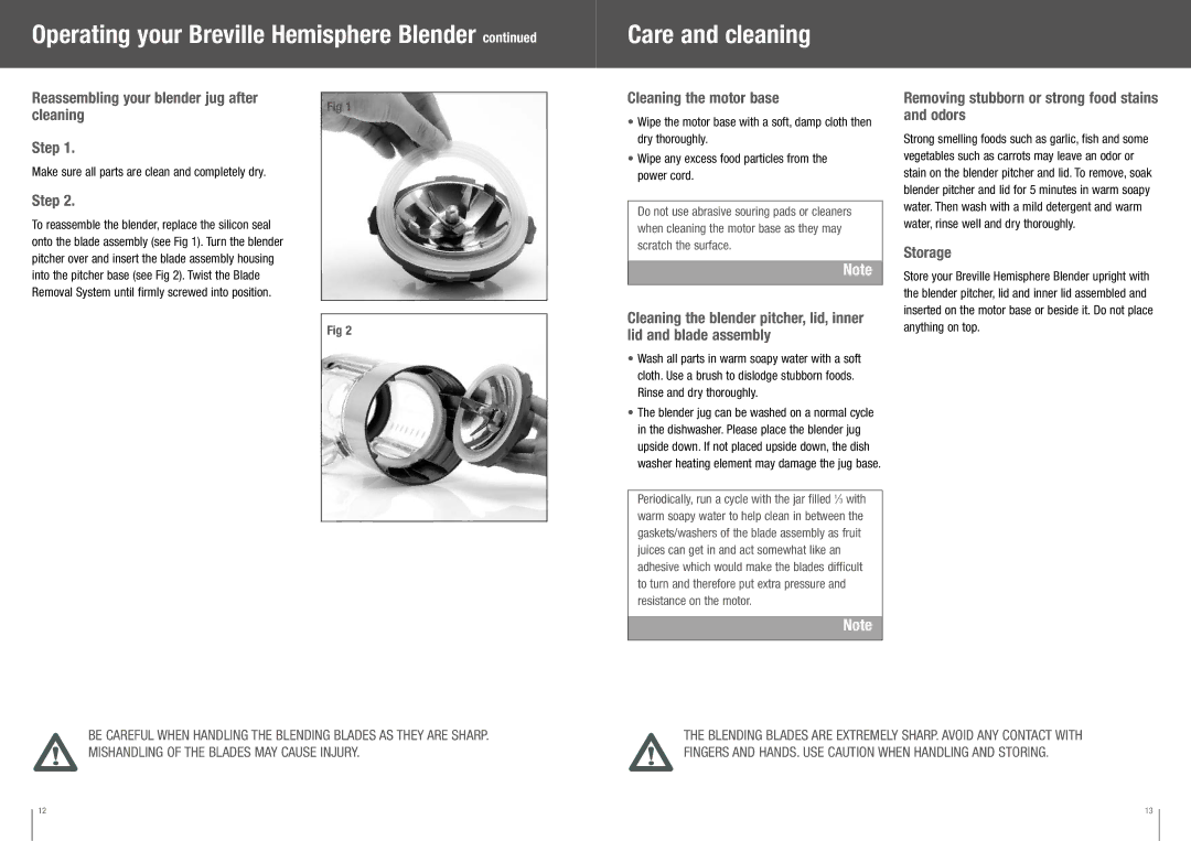 Breville BBL550XL /B Care and cleaning, Reassembling your blender jug after Cleaning the motor base, Cleaning Step, Odors 