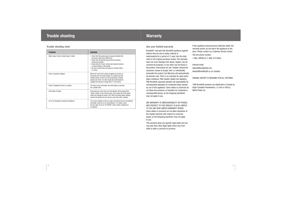 Breville BBL600XL manual Trouble shooting Warranty, Trouble shooting chart, One year limited warranty, Problem Solution 