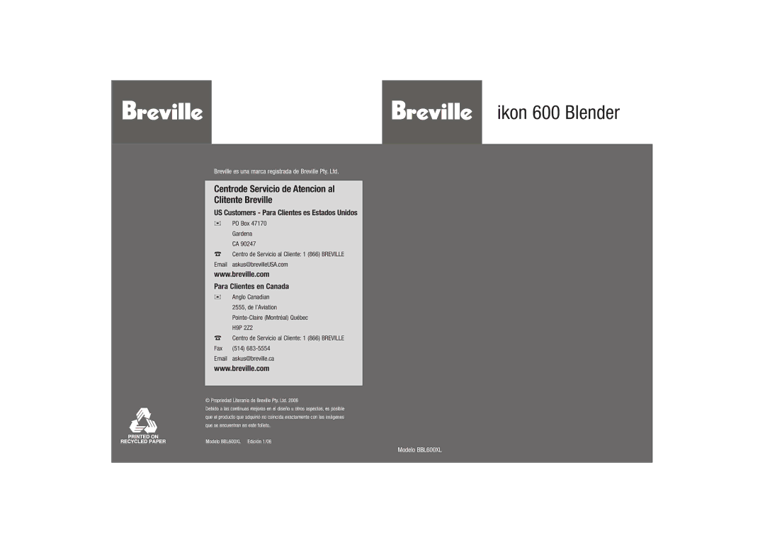 Breville BBL600XL manual Centrode Servicio de Atencion al Clitente Breville 