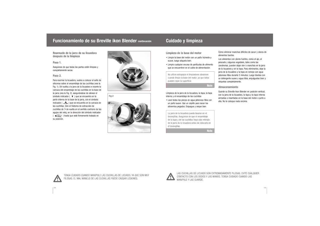 Breville BBL600XL manual Cuidado y limpieza, Rearmado de la jarra de su licuadora Después de la limpieza, Almacenamiento 