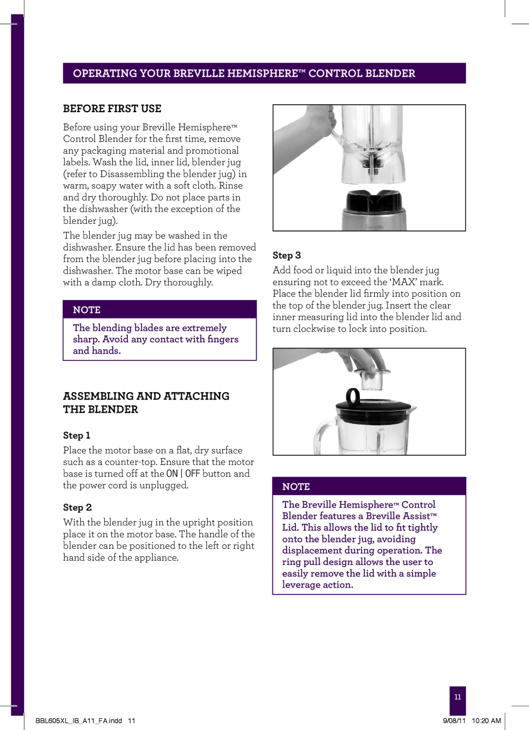 Breville BBL605XL manual Before first use, Assembling and Attaching the Blender, Step 