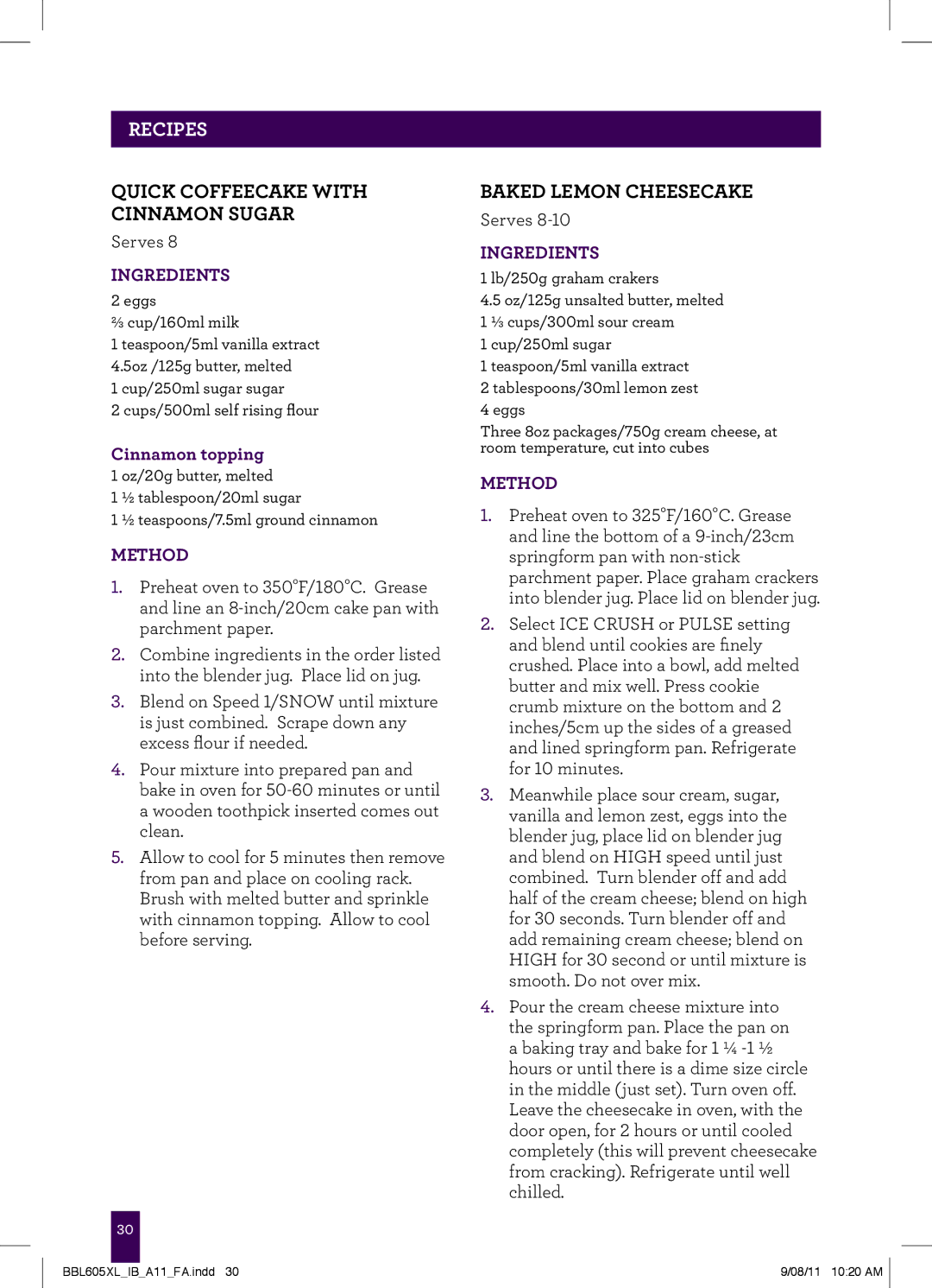Breville BBL605XL manual Quick COFFEEcake with Cinnamon Sugar, Baked Lemon Cheesecake 