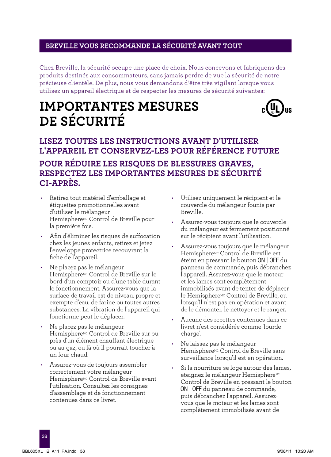 Breville BBL605XL manual Importantes Mesures DE Sécurité, Breville Vous Recommande LA Sécurité Avant Tout 