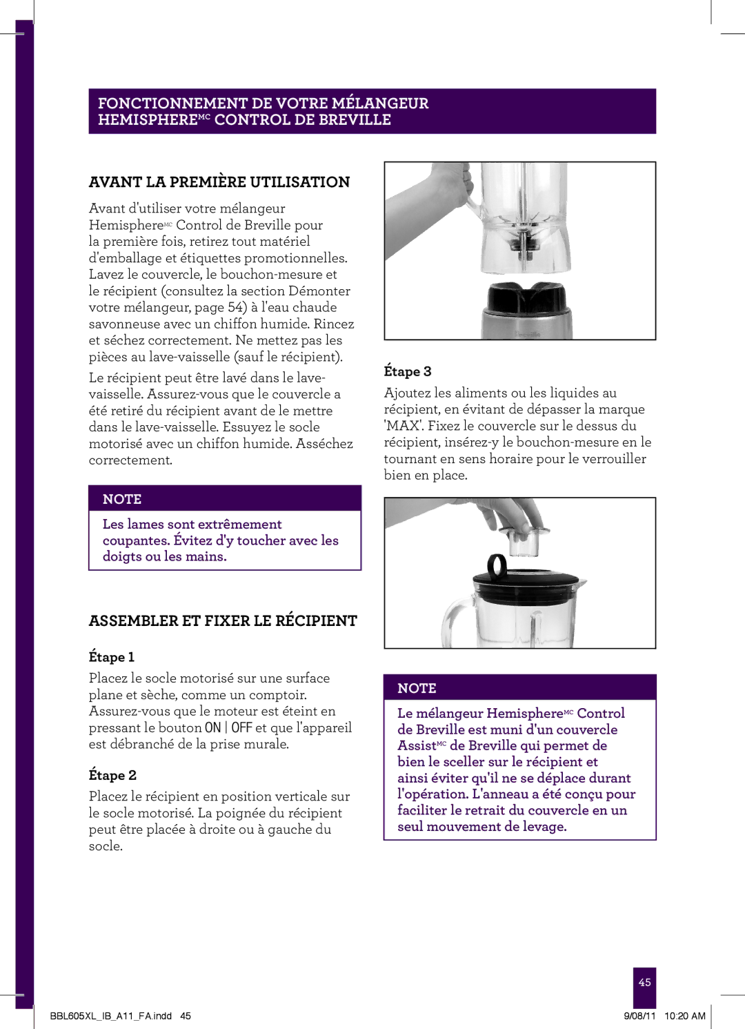 Breville BBL605XL manual Avant LA Première Utilisation, Assembler ET Fixer LE Récipient, Étape 