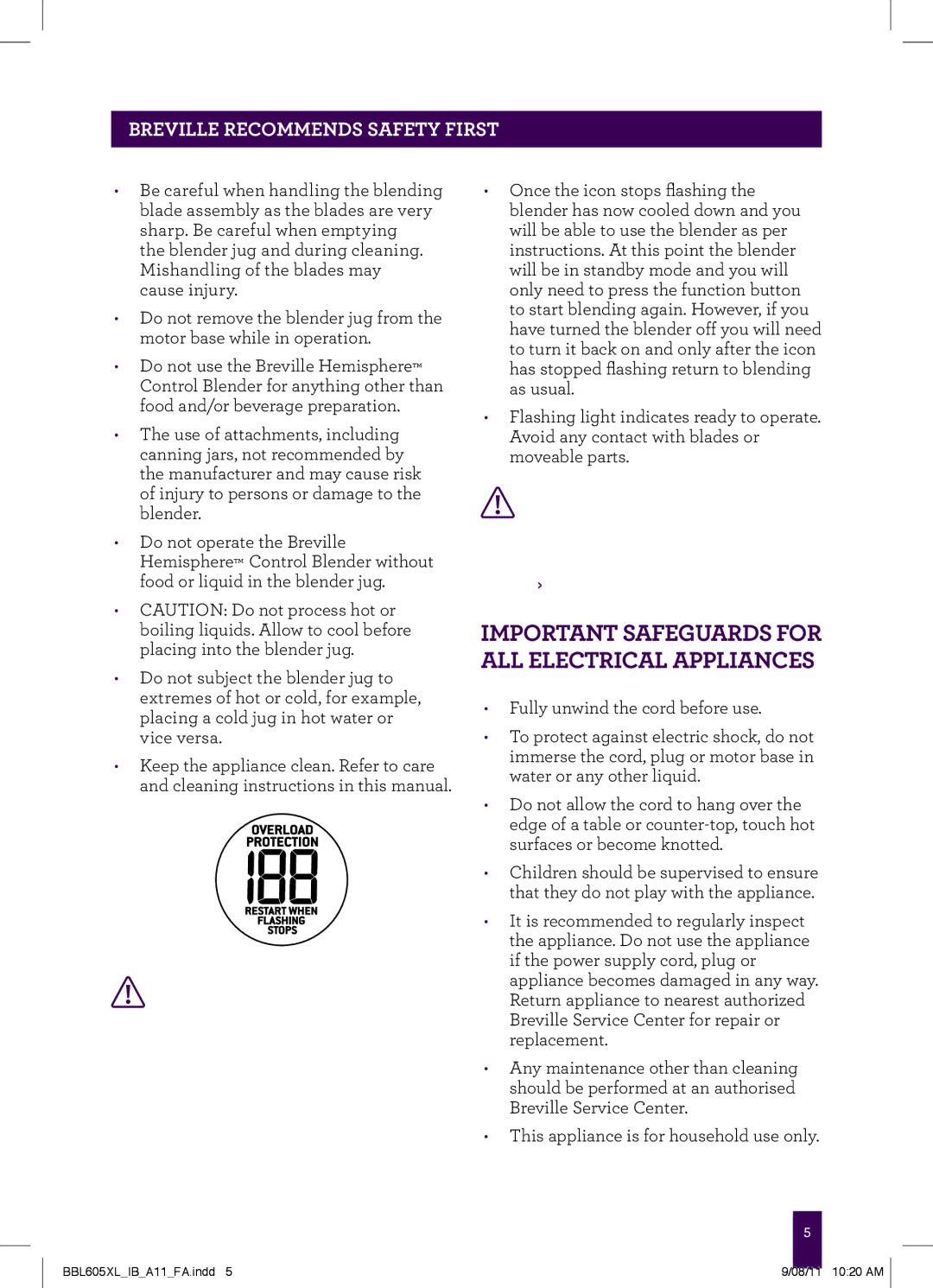 Breville BBL605XL manual IMPORTANT Safeguards for ALL Electrical Appliances 