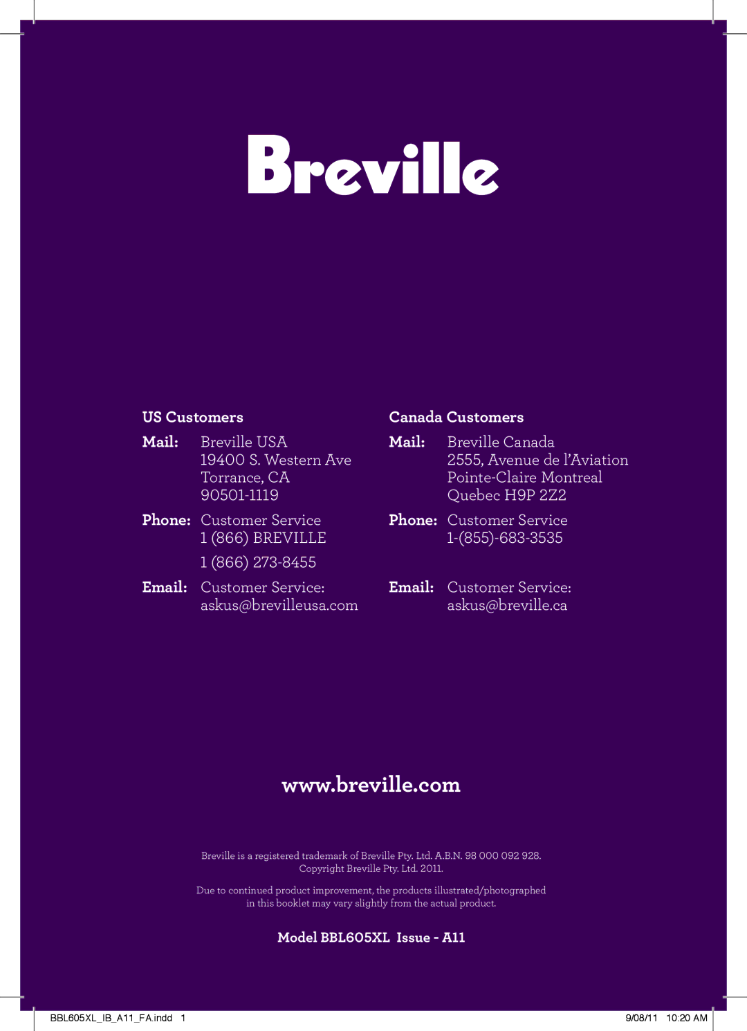 Breville BBL605XL manual US Customers Canada Customers Mail 