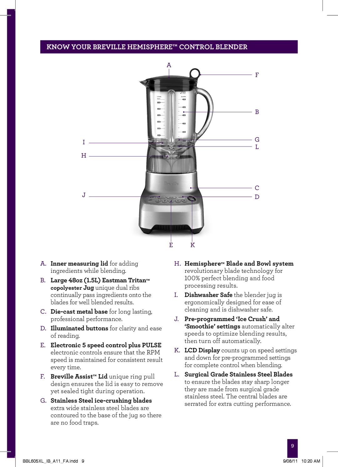 Breville BBL605XL manual Know Your Breville Hemisphere Control Blender 