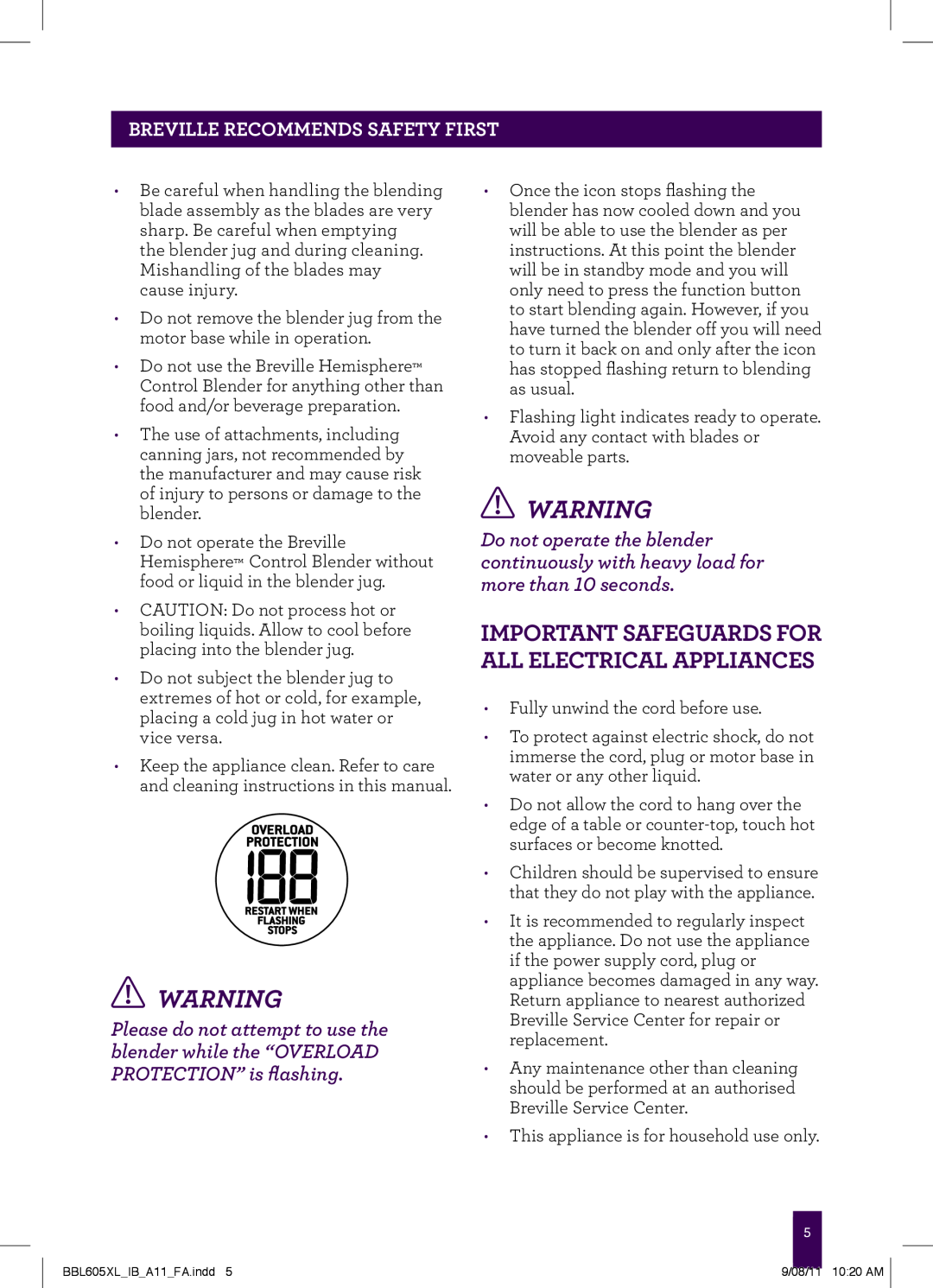 Breville BBL605XL manual iMPORTANT SAFEGUARDS FOR ALL ELECTRICAL APPLIANCES, Breville recommends safety first 