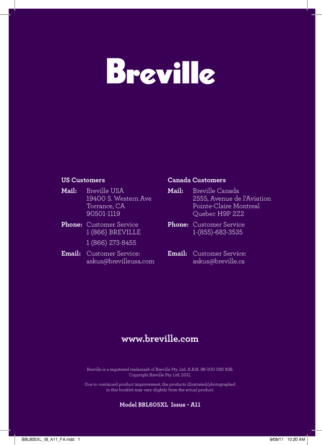 Breville BBL605XL manual US Customers, Canada Customers, Mail, Email 