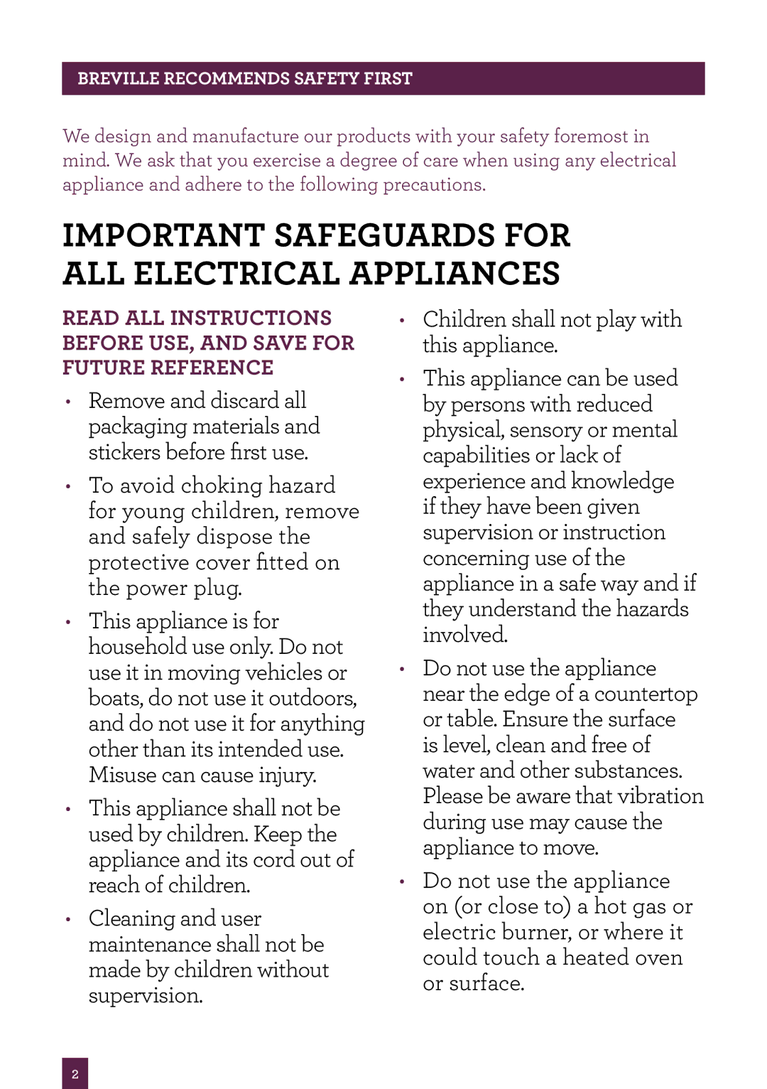 Breville BBL910 manual Important safeguards for ALL Electrical Appliances 