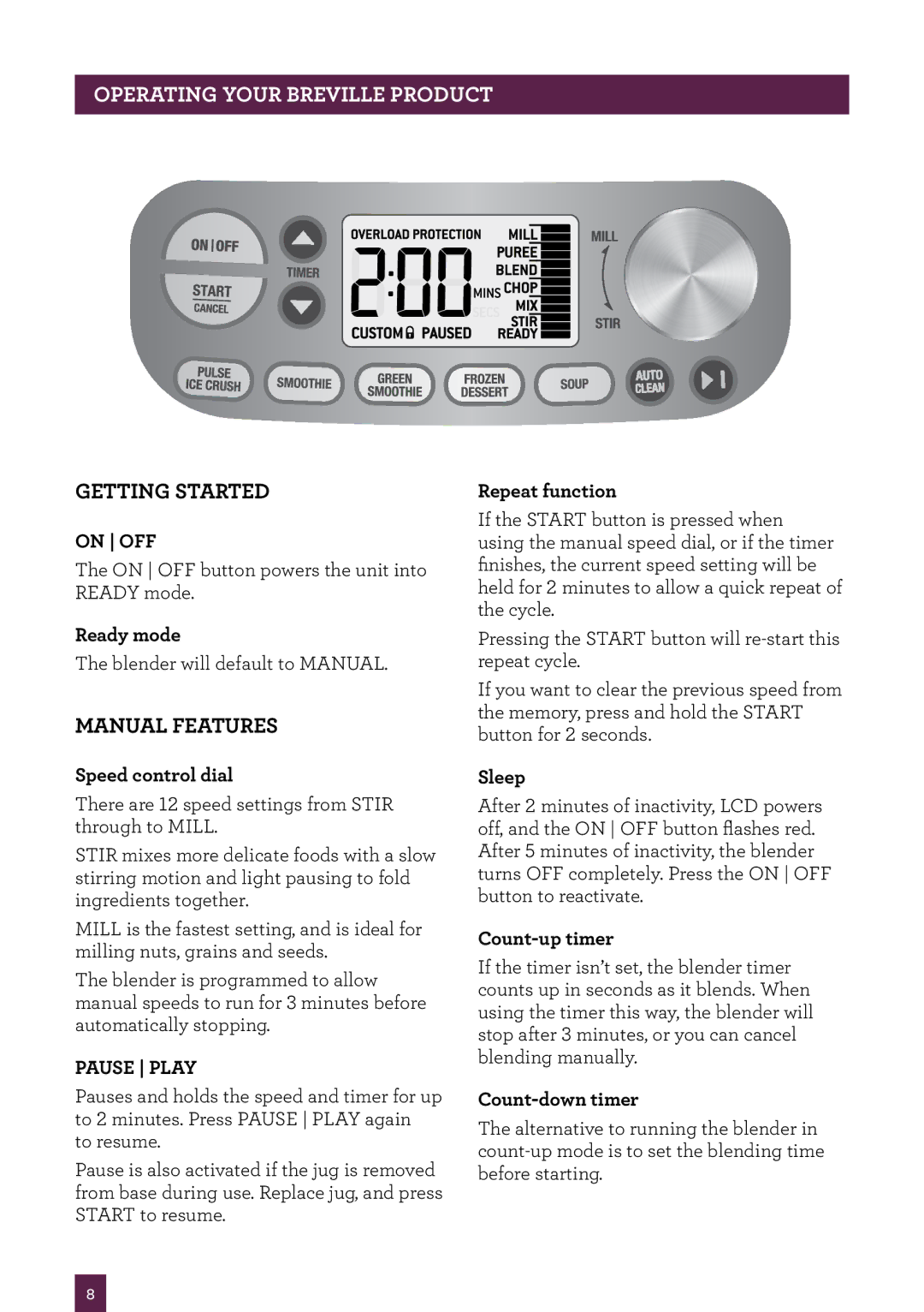 Breville BBL910 manual Getting started, Manual features 