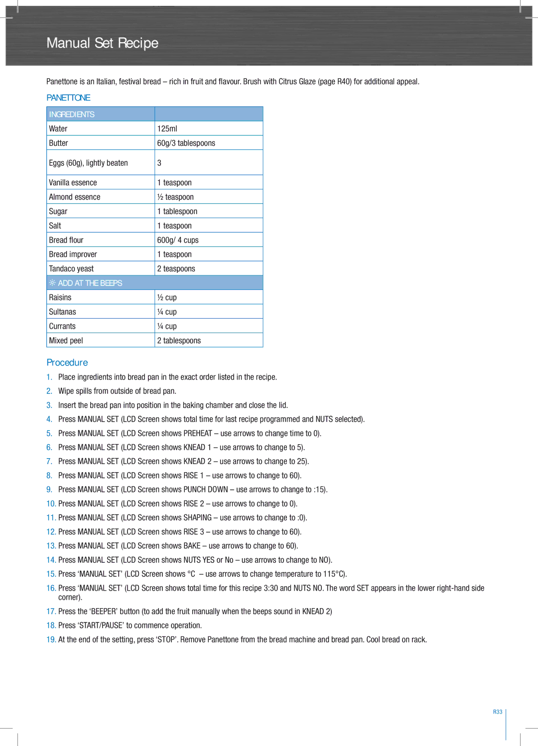 Breville BBM 600 manual Manual Set Recipe, Panettone 