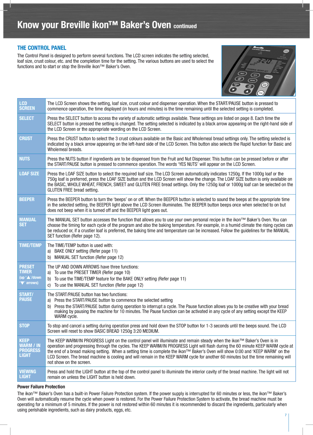 Breville BBM 600 manual Lcd, Power Failure Protection 