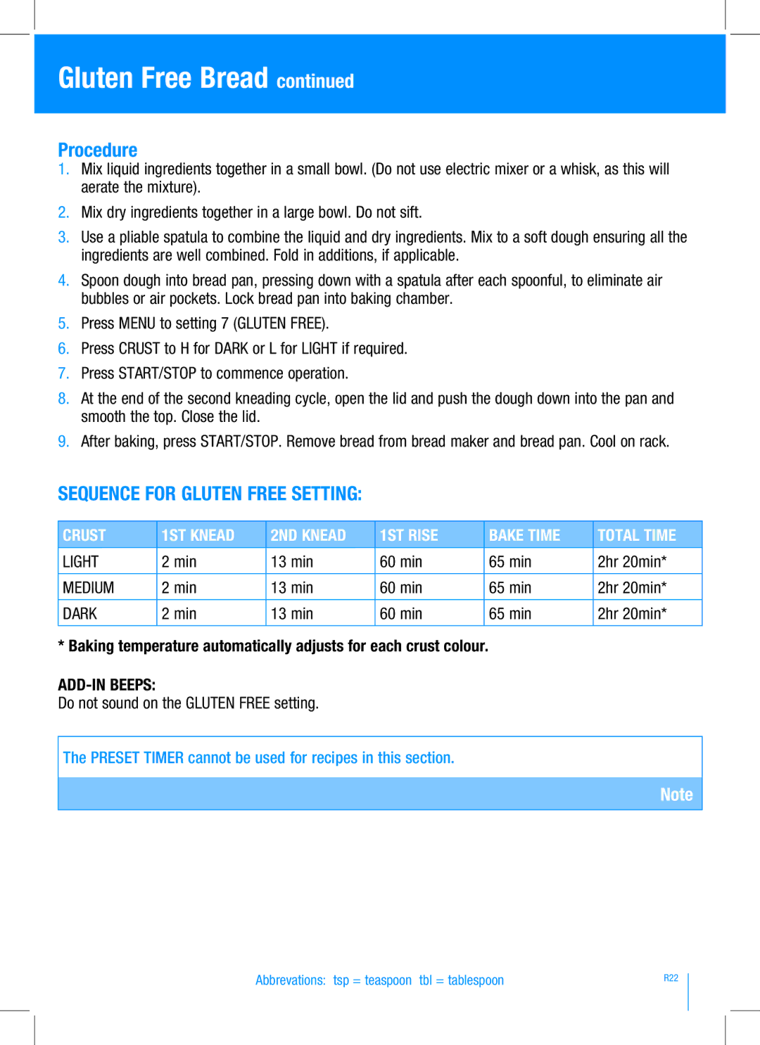 Breville BBM100 manual Sequence for Gluten Free setting, Crust 1ST Knead 2ND Knead 1ST Rise Bake Time Total Time 