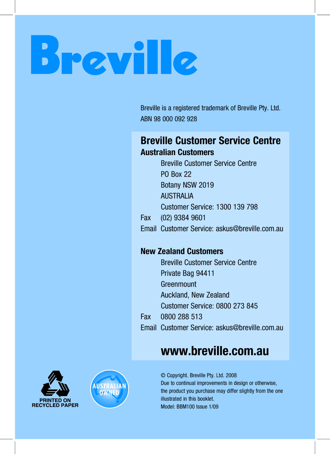 Breville BBM100 manual Breville Customer Service Centre 