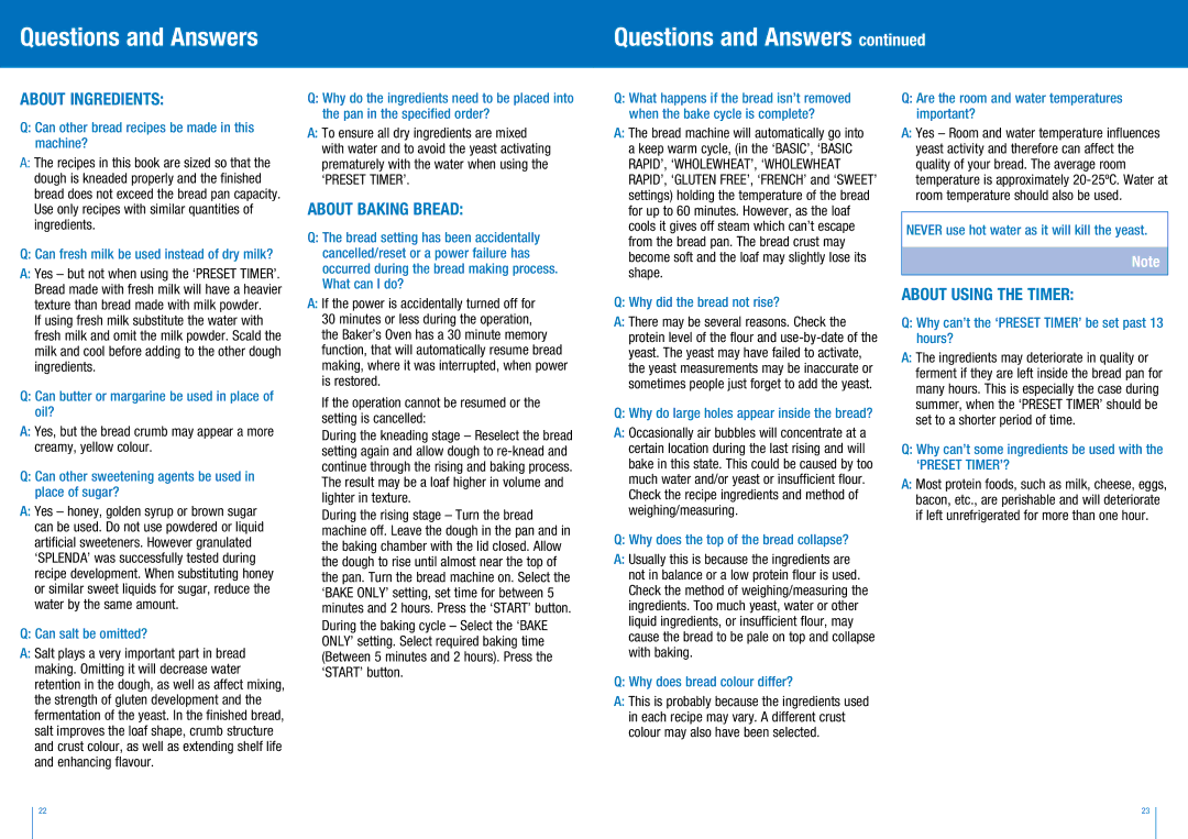 Breville BBM300 manual Questions and Answers, About Ingredients, About Baking Bread, About Using the Timer 