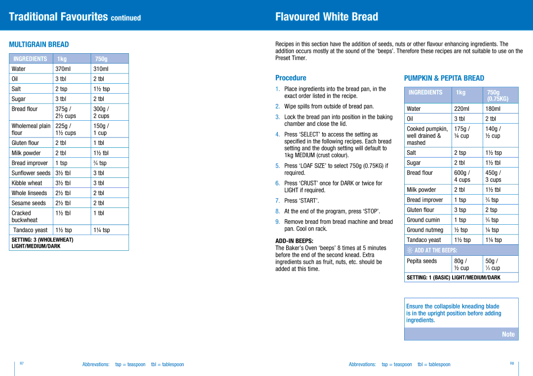 Breville BBM300 manual Flavoured White Bread, Multigrain Bread, Pumpkin & Pepita Bread,  ADD AT the Beeps 