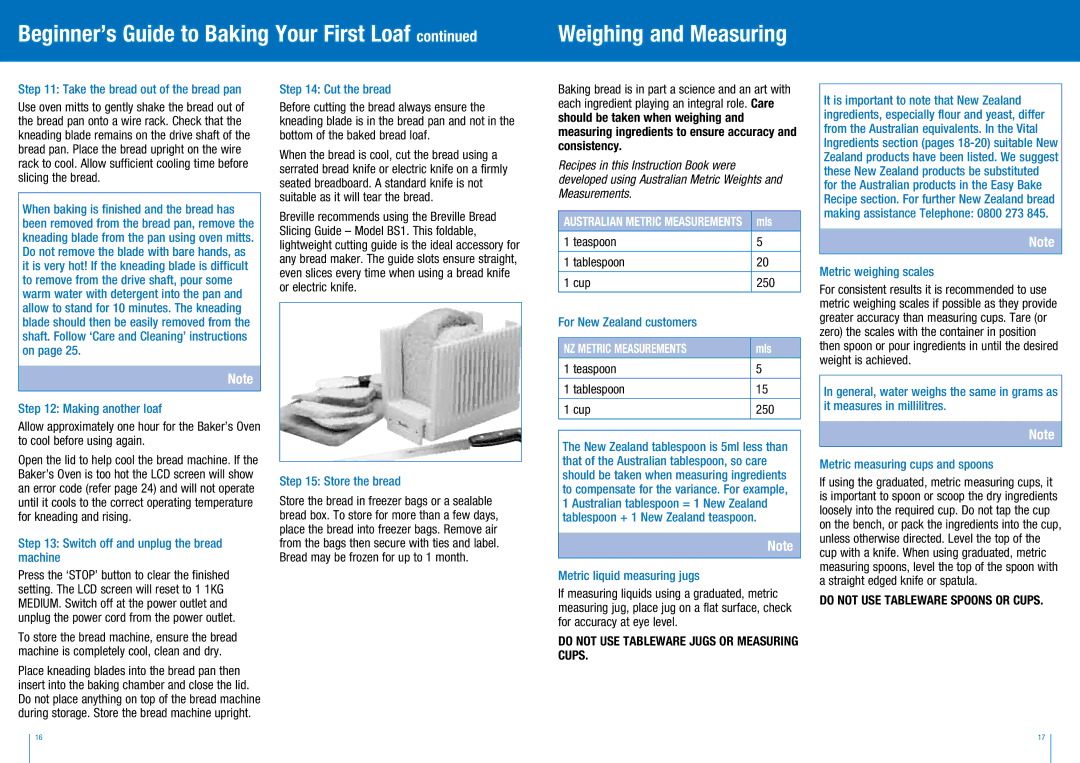 Breville BBM300 manual Nz metric measurements Mls 