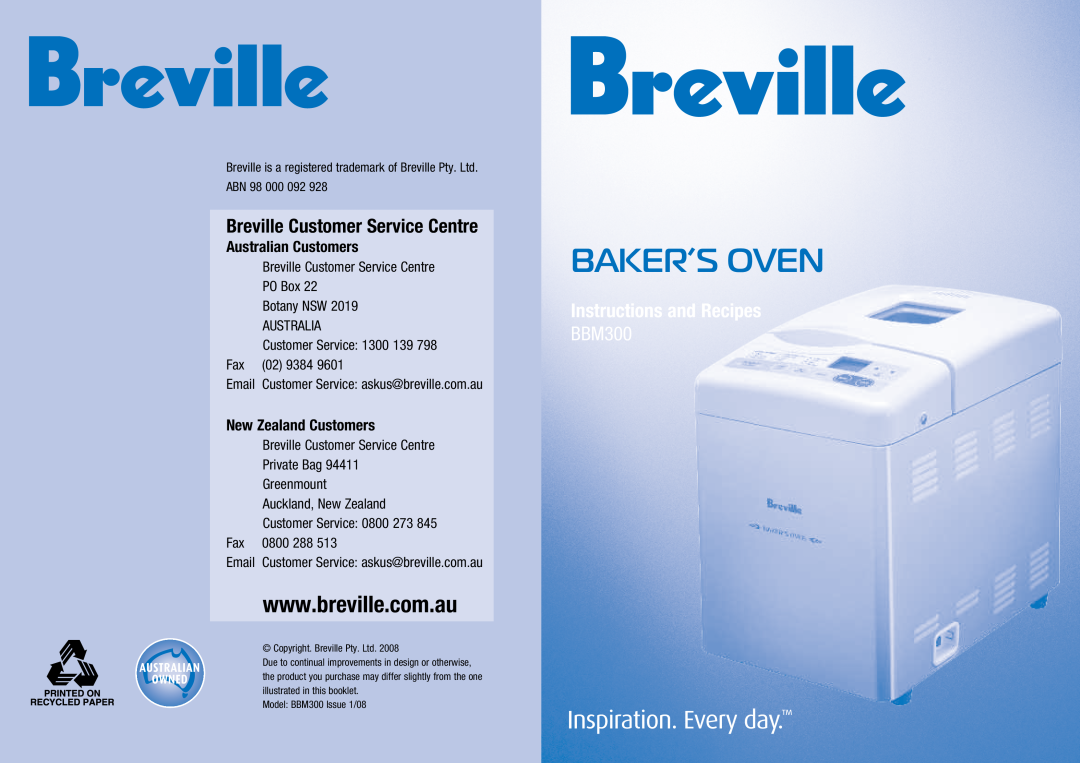 Breville BBM300 manual Baker’S Oven, Breville Customer Service Centre, Instructions and Recipes, Australian Customers 