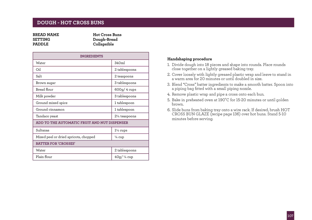 Breville BBM800 manual Dough HOT Cross Buns 