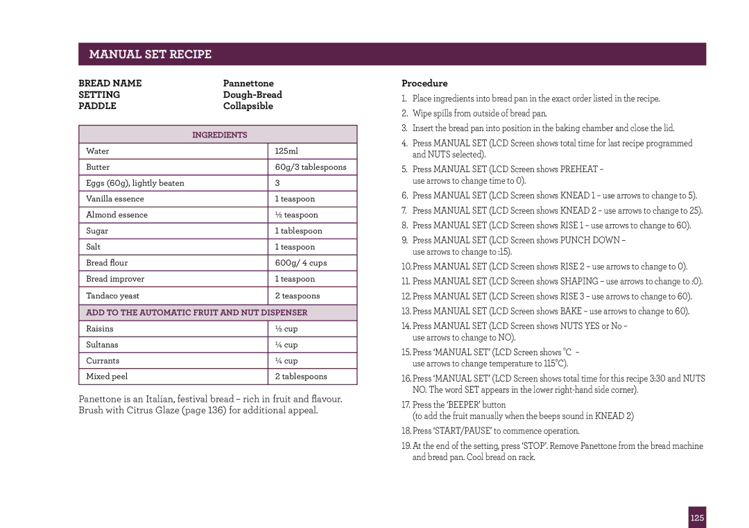 Breville BBM800 manual Manual SET Recipe, Procedure 