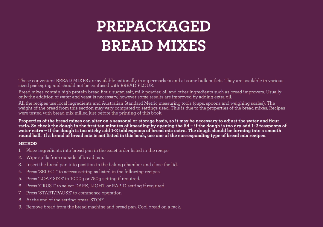 Breville BBM800 manual Prepackaged Bread Mixes 