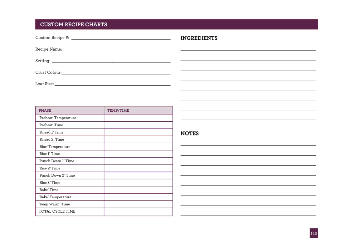 Breville BBM800 manual Custom Recipe Charts, Custom Recipe # Recipe Name Setting Crust Colour Loaf Size 