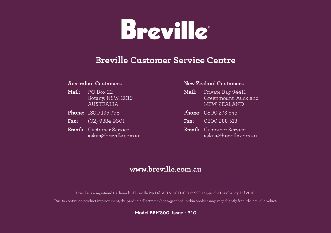 Breville BBM800 manual Australian Customers New Zealand Customers Mail, Phone, Fax 