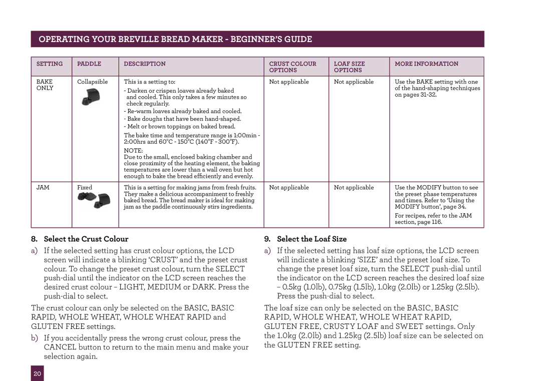 Breville BBM800 manual Select the Crust Colour, Select the Loaf Size 