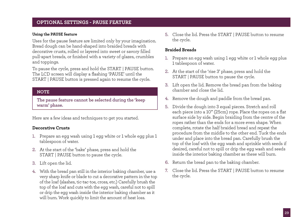 Breville BBM800 manual Optional Settings Pause Feature, Decorative Crusts, Braided Breads 