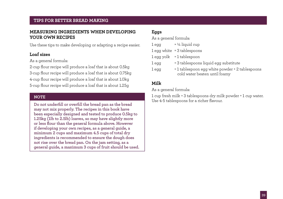 Breville BBM800 manual Measuring ingredients when developing your own recipes 