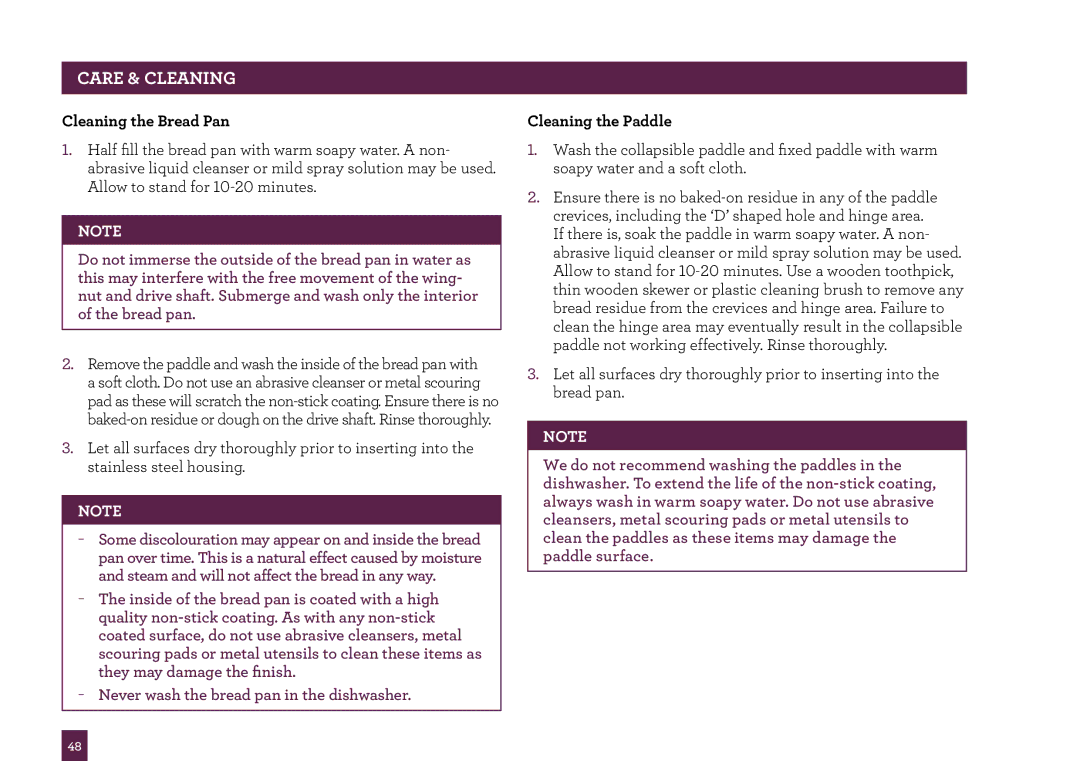 Breville BBM800 manual Cleaning the Bread Pan, Cleaning the Paddle 