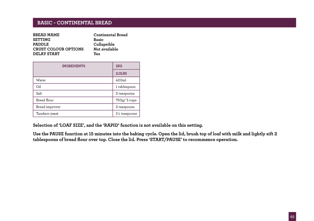 Breville BBM800 manual BASic Continental Bread, Yes 
