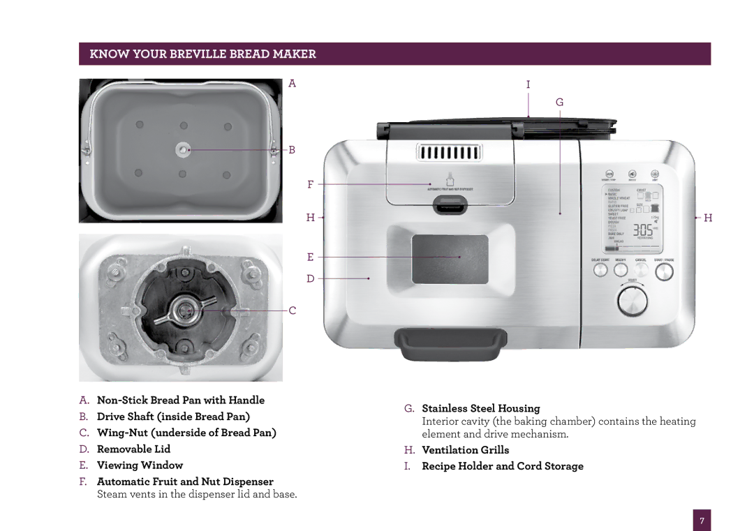 Breville BBM800 manual Know Your Breville Bread Maker, Ventilation Grills Recipe Holder and Cord Storage 