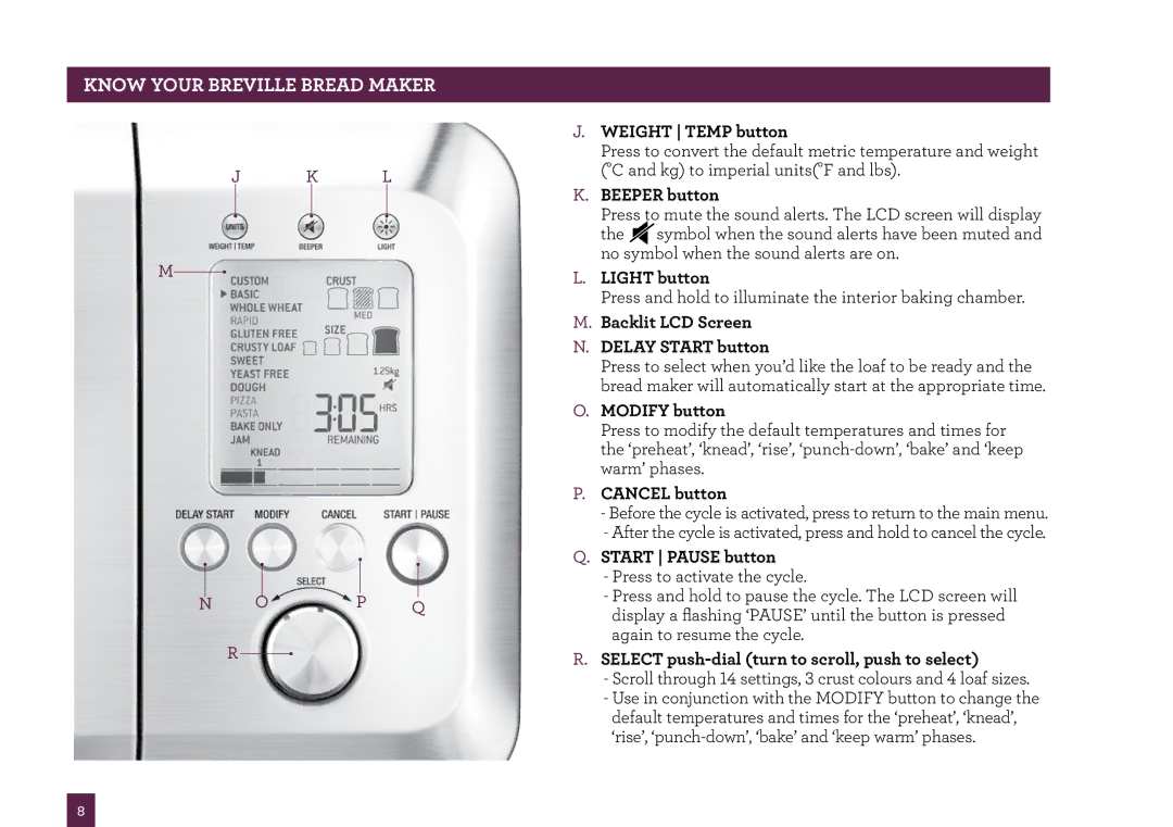 Breville BBM800 Weight Temp button, Beeper button, Light button, Backlit LCD Screen Delay Start button, Modify button 